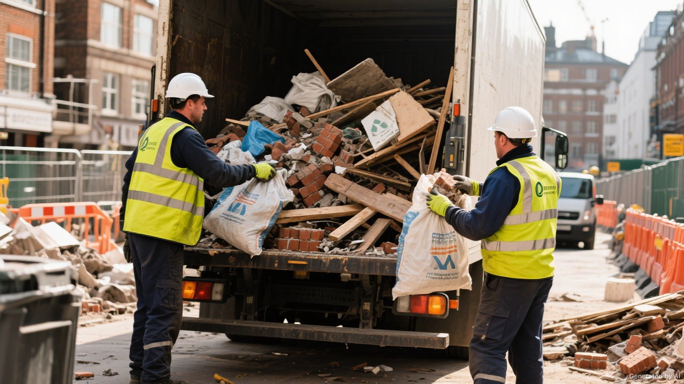 Builders waste removal team loading rubble and renovation debris outside a London property