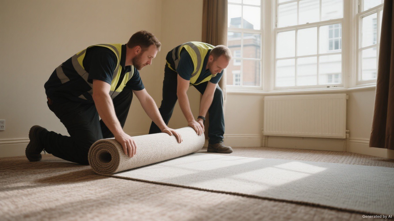 Carpet uplift team removing rolled carpet and underlay from a London room