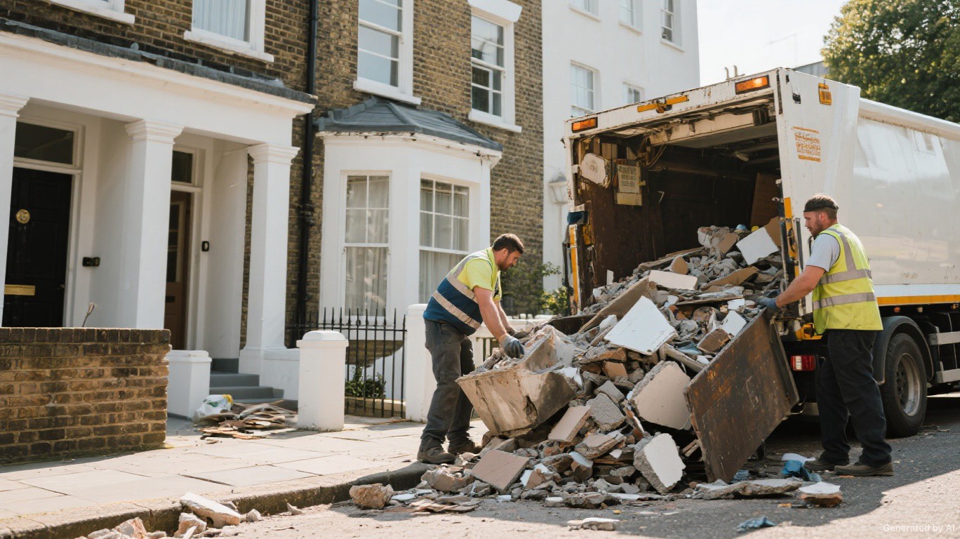 Builders waste removal team loading rubble and renovation debris outside a London property