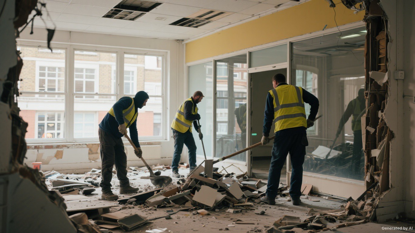 Rip out services team clearing interior strip-out debris from a London commercial unit
